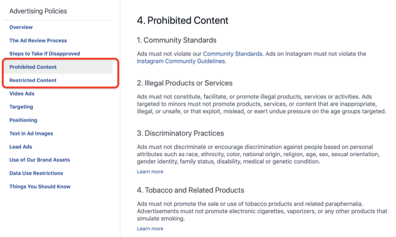 Forbudt indhold sektion af Facebook annonceringspolitikker