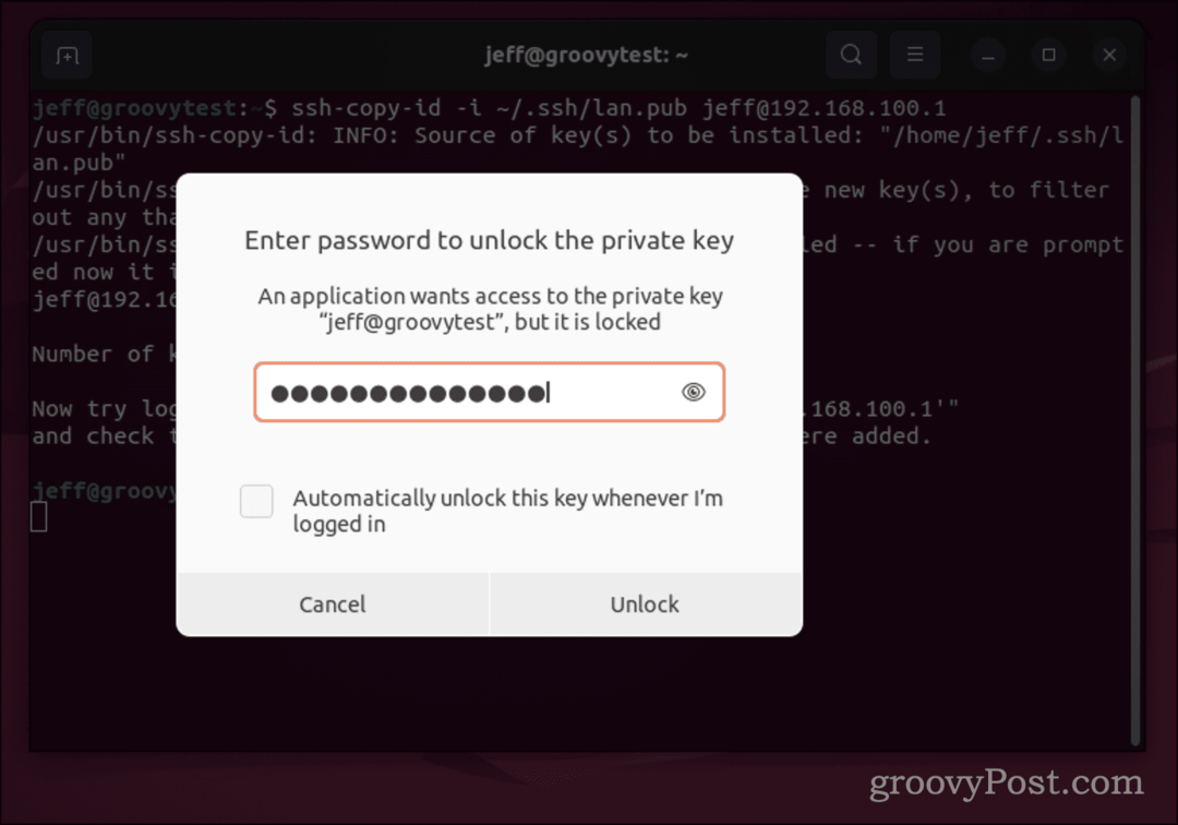 Ubuntu-adgangskodedialog for SSH-nøgle