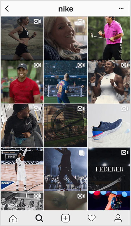 Nike Instagram-indlæg har et gitter af atleter iført Nike-udstyr, men få billeder i feedet har tekst.