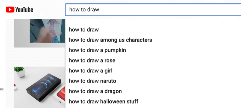 eksempel på søgeordsforskning på youtube for sætningen 'hvordan man tegner'