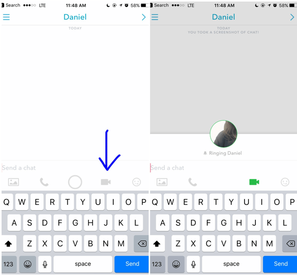For at foretage et Snapchat-videoopkald skal du trykke på videoikonet i din åbne samtale med en kunde.