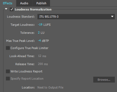 Jeg bruger disse normaliseringsindstillinger for lydstyrke, når jeg eksporterer min lydfil til Adobe Premiere.