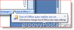 Nederste højre hjørne af Outlook 2007 - Påmindelse om automatisk svar aktiveret uden for kontoret