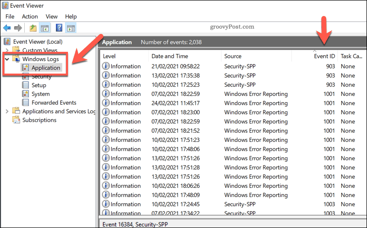 En liste over Windows-applikationslogfiler i Event Viewer