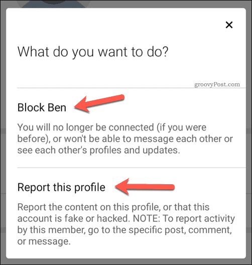 Valg af at blokere eller rapportere en bruger på LinkedIn