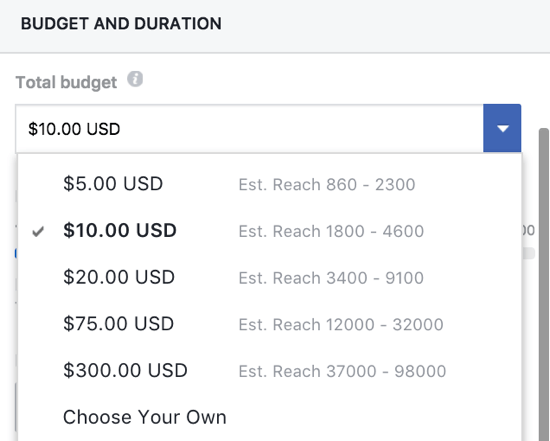 Du kan manuelt indstille et budget til dit Facebook-boostede indlæg.