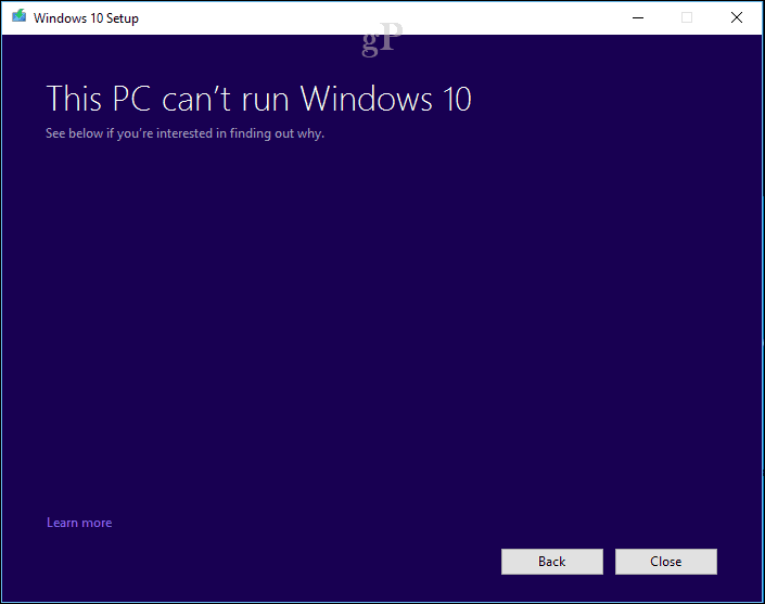 opsætning af Windows 10 - PC kan ikke køre Windows 10