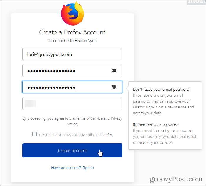 Opret en Firefox Sync-konto