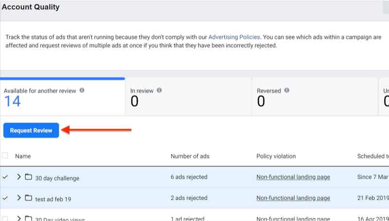 trin 4 i, hvordan du bruger Facebook Account Quality Tool