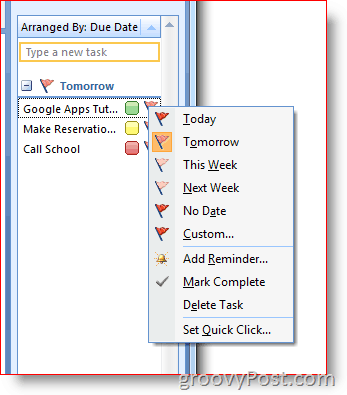 Opgavelinjen i Outlook 2007 - Højreklik på flag for menuen Valg
