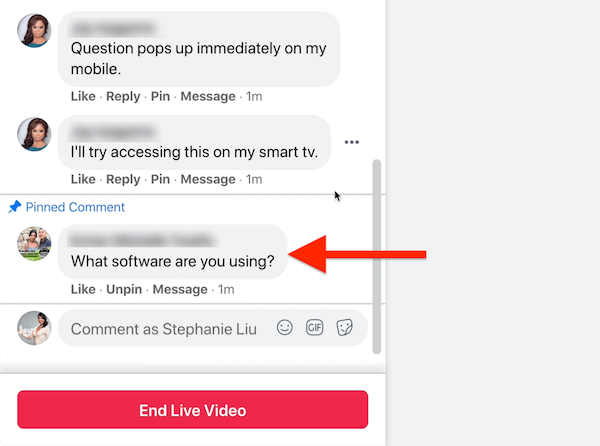 muligheden for at fastgøre en kommentar nedenfor vises til facebook live stream værten under hver kommentar, som samt at vise, hvordan en fastgjort kommentar ser ud, når den er fastgjort nederst i dine kommentarer til seere