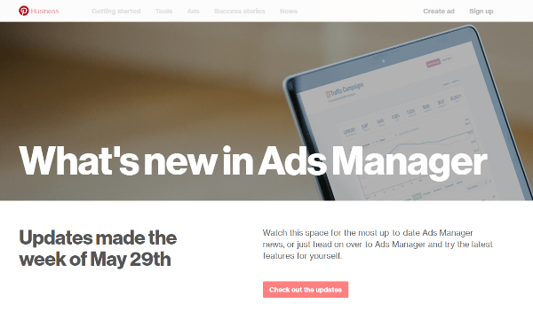 Pinterest udrulede flere nye funktioner til Ads Manager ugen den 29. maj.