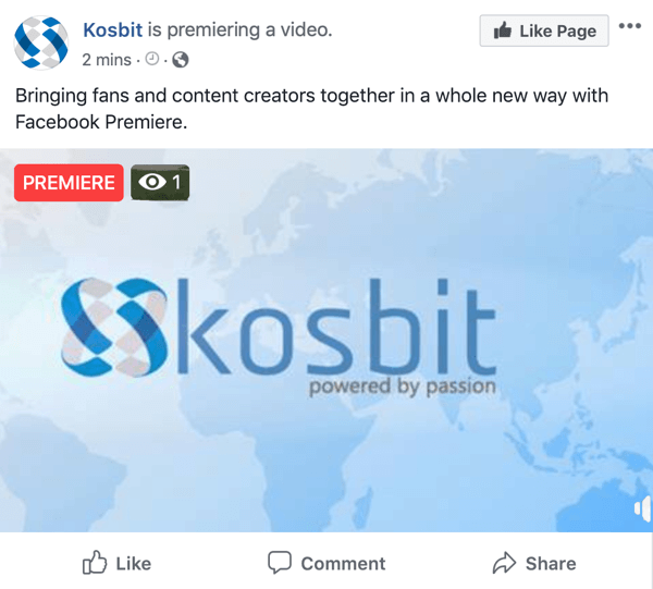 Eksempel på Facebook-premiere af kosbit, videopremiere