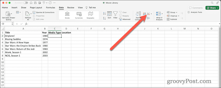 Datavalideringsknap i Databånd i Excel