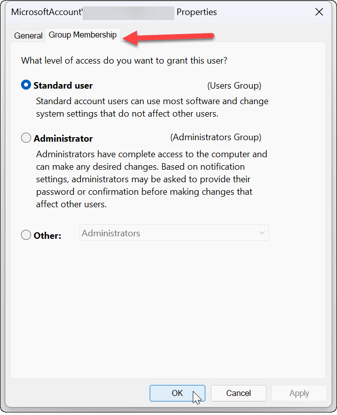 Skift kontotype på Windows 11