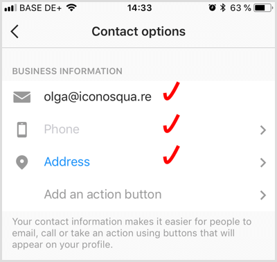 tilføj kontaktoplysninger til en Instagram-forretningskonto