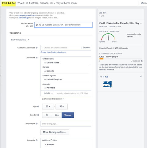Facebook Ads Manager rediger målretning af annoncesæt