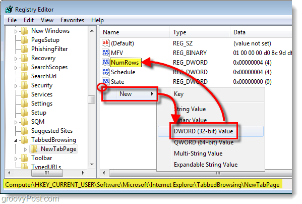 tilføje numrows til HKEY_CURRENT_USERSoftwareMicrosoftInternet Explorer TabbedBrowsingNewTabPage