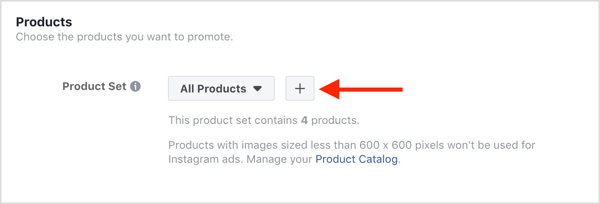 Vælg de produkter, der skal promoveres i din Facebook-dynamiske annoncekampagne.