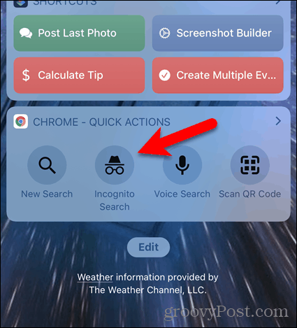 Tryk på Inkognito-søgning på Chrome-widget i iOS