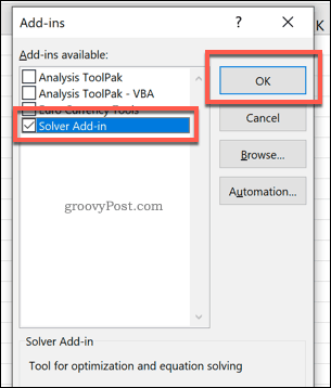 Aktivering af tilføjelsen Excel Solver