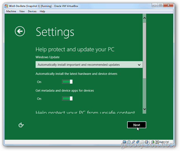VirtualBox Windows 8-indstillinger og opdatering