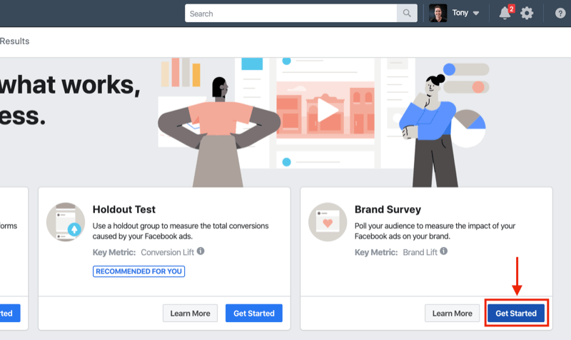 Kom i gang-knap til Brand Survey for Facebook-eksperimenter