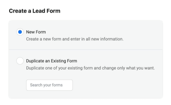 facebook leadannoncer opretter ny leadformular med den nye formularvalg valgt