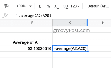 Et eksempel på en formel som en tekststreng i Google Sheets