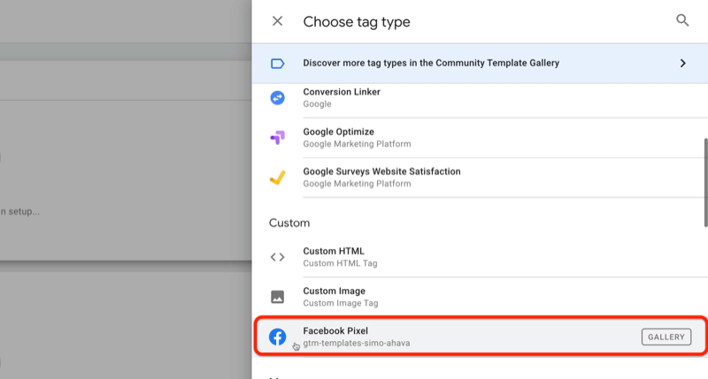 eksempel google tag manager nyt tag med menuen vælg tag type og indstillingen facebook pixel fremhævet under det tilpassede afsnit