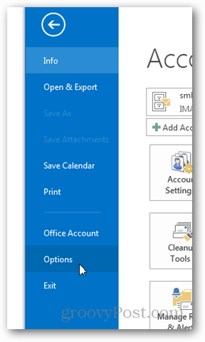 Outlook 2013 - Deaktiver vejr i kalender - Klik på Valgmuligheder