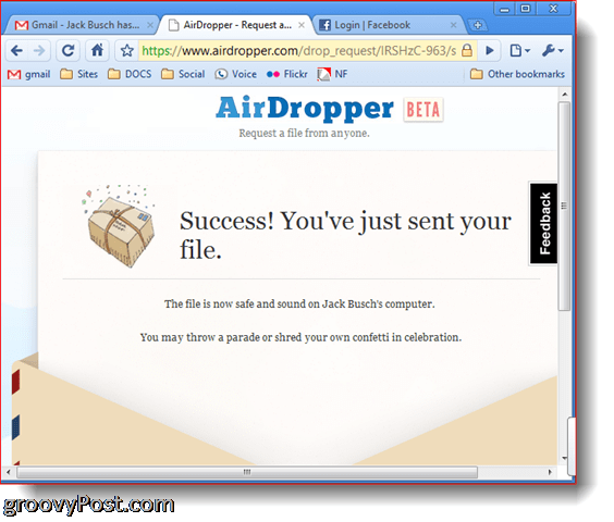 Dropbox Airdropper-billedskærmbillede succesfil sendt