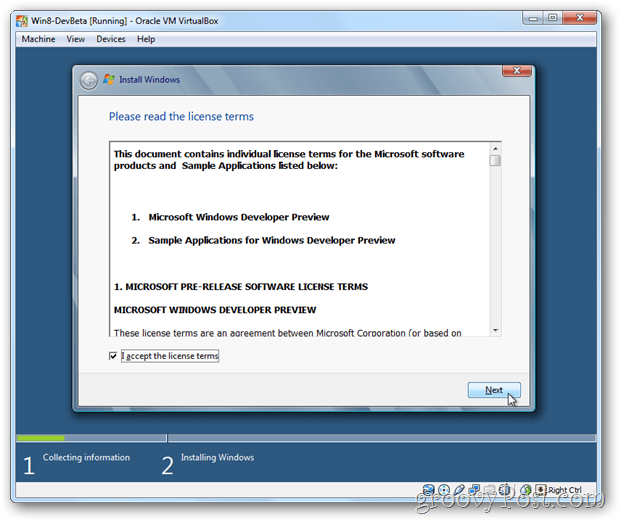 VirtualBox Windows 8 eula accepterer licens