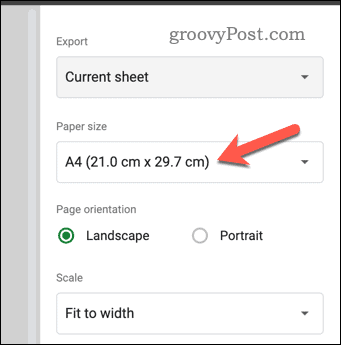 Indstil papirstørrelse i Google Sheets-udskriftseksempel