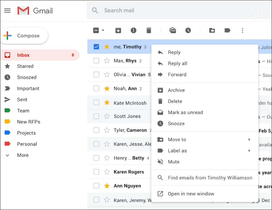 Gmail højreklik-kontekstmenu