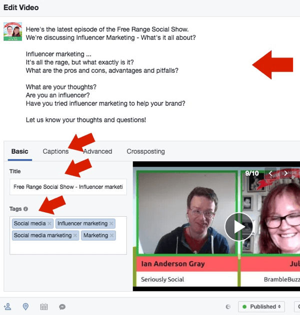 Rediger postteksten, videotitlen og videotags til din Facebook Live-gentagelse.