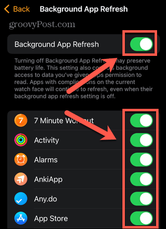 apple watch baggrund app opdatering til/fra