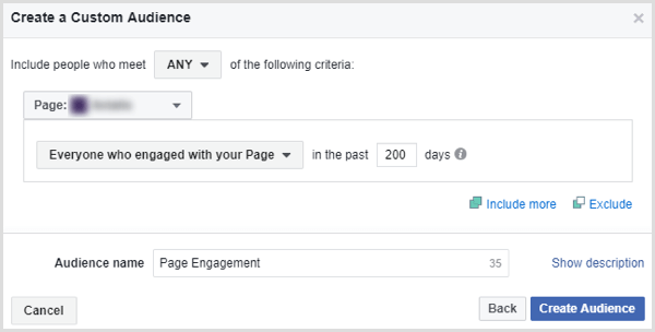 Facebook Opret side engagement brugerdefineret publikum