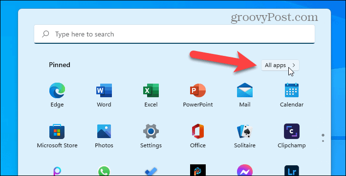 Klik på Alle apps i Windows 11 Start-menuen