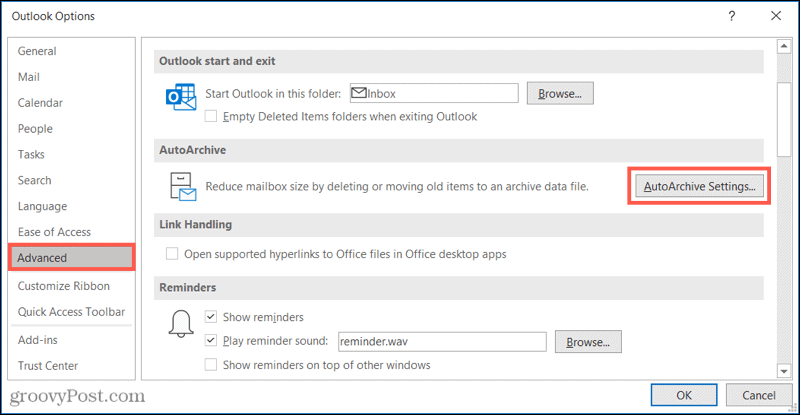 Avancerede indstillinger for automatisk arkivering i Outlook