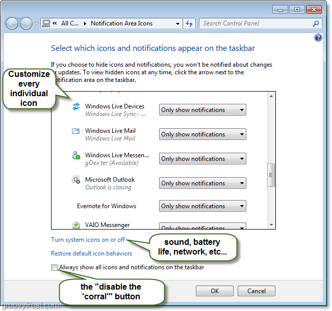 tilpasse kontrolpanel for Windows 7-systembakke-meddelelser