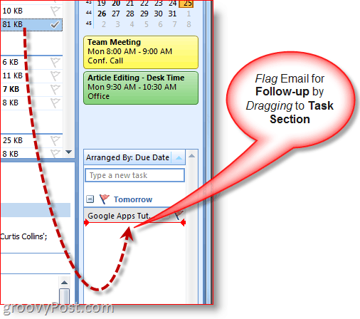 Opgavelinjen i Outlook 2007 - Træk e-mail for at oprette en opgave