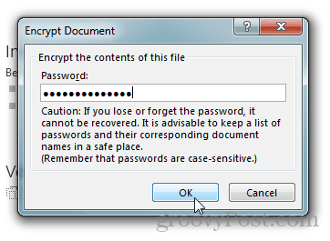 Adgangskodebeskyttelse og kryptering af Office 2013-dokumenter: Skriv en adgangskode