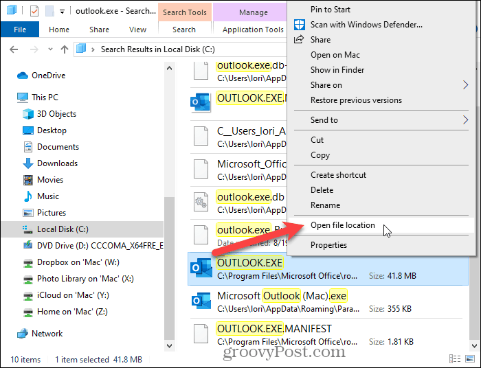 Vælg Åbn filplacering i File Explorer