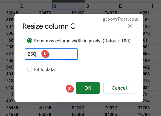 Mulighed for at ændre størrelsen på en kolonne i Google Sheets