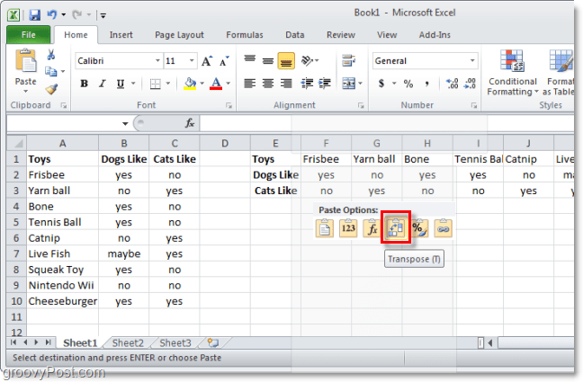 Indsæt excel ved hjælp af transponering