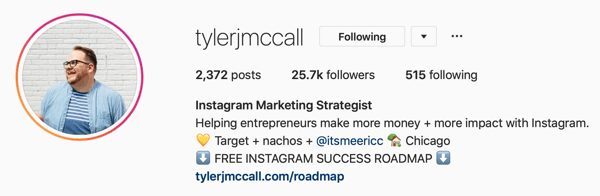 Eksempel på Instagram-forretningsprofilbillede og biooplysninger af @tylerjmccall.