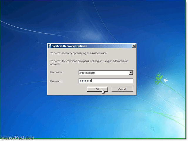 indtast dit brugernavn og din adgangskode til Windows 7-systemgendannelse