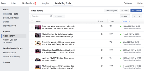 Du kan få adgang til dit komplette Facebook-videobibliotek under Publishing Tools.