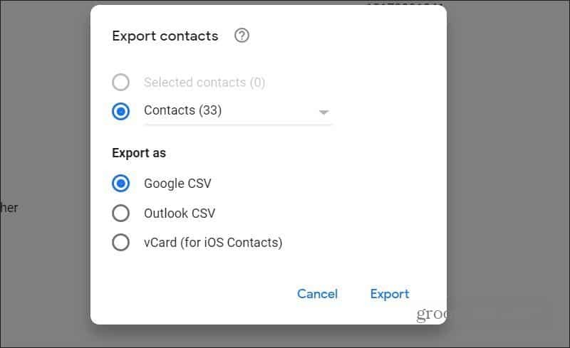 eksport af kontakter